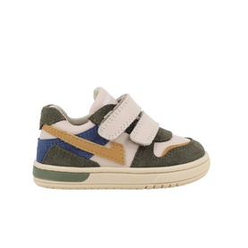 Primigi 3509 kids trainer in multi colourway with double velcro straps, khaki, blue and tan panels, cream sole