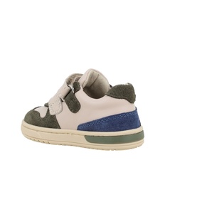 Primigi 3509 kids trainer in multi, featuring cream leather, khaki suede, and blue panelling with double velcro straps and cream sole.
