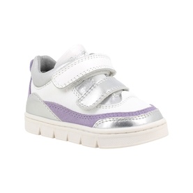 Primigi children's trainer in white with lilac and silver panels, double touch-fastening straps, and a white chunky sole.