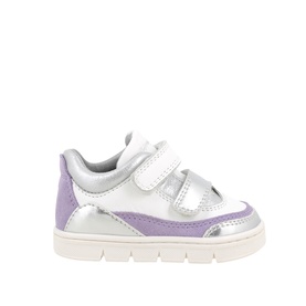 Primigi 3509 kids shoe in white with silver and lilac panels, double velcro straps, and chunky white sole