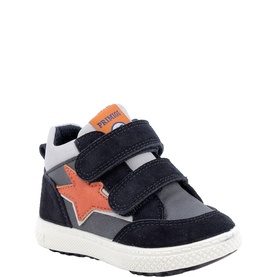 Primigi 3509 kids shoe in blue with orange star detail, double velcro straps, grey panels and cream sole