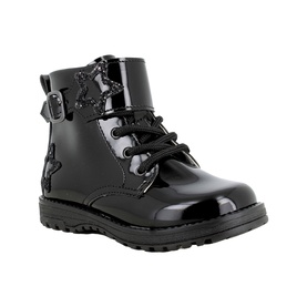 Primigi 3509 kids black patent lace-up ankle boot with glitter star detail, side buckle strap and chunky sole