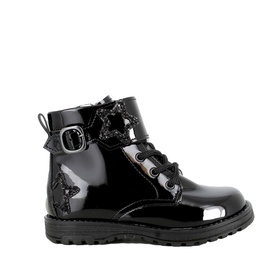 Primigi 3509 kids black patent ankle boot with lace-up front, buckle strap, star embellishment, and chunky sole