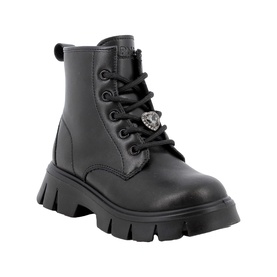 Primigi 3509 kids boot in Nero black leather, lace-up with silver lion emblem and chunky black sole