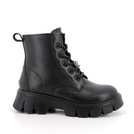 Primigi 3509 kids black leather lace-up ankle boot with chunky black sole and silver charm detail