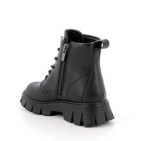Primigi 3509 kids black leather lace-up combat boot with chunky treaded sole and side zip, rear view