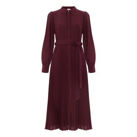Phase Eight red pleated midi shirt dress with long sleeves, collared neckline and self-tie belt, no model