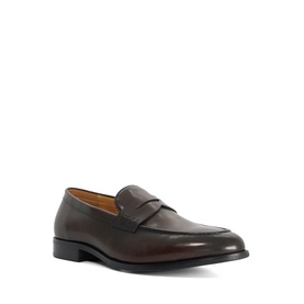 Dark brown leather penny loafer with apron toe, tan leather lining, and low block heel, shown in side profile