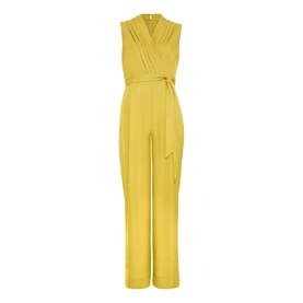 Phase Eight yellow sleeveless wrap-front wide-leg jumpsuit with tie belt and side pocket, flat lay