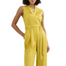Model wearing Phase Eight yellow sleeveless wrap-style jumpsuit with tie belt and wide-leg trousers