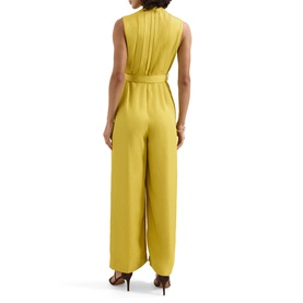 Model wearing Phase Eight yellow sleeveless wide-leg jumpsuit with belted waist, shown from back, styled with brown heeled sandals