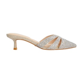Silver crystal-embellished pointed-toe mule with sheer straps, kitten heel, and all-over diamant&eacute; detailing on a nude base