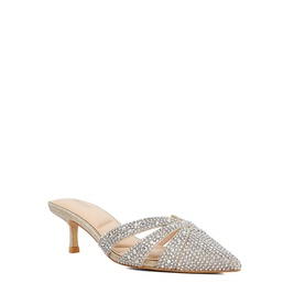 Nude pointed-toe kitten heel mule with all-over silver crystal embellishment and caged upper detailing