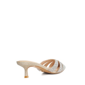 Champagne crystal-embellished kitten heel mule sandal with strappy crossover upper and glitter stiletto heel, back three-quarter view
