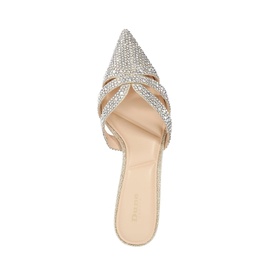 Flat pointed-toe mule with crossover straps fully embellished in silver crystal rhinestones on a nude insole, overhead view