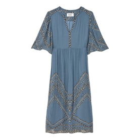 Bash blue midi dress with V-neckline, fluted sleeves, and gold embroidered border detailing throughout
