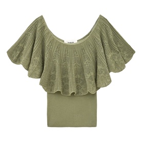 Bash green knit top with wide ruffled off-shoulder overlay and fitted bodice