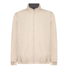 Acne Reversible Logo Jacket in beige, zip-through casual jacket with high collar, elasticated cuffs and hem, grey reverse visible at collar