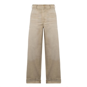Acne Stained Twill Trousers in camel beige, wide-leg fit with upturned hems, belt loops, and stained wash finish in 100% cotton