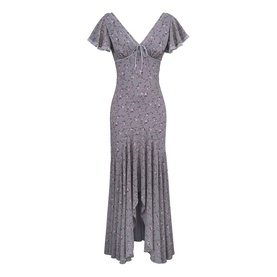 House of CB Lilac Vintage Floral midi dress with flutter sleeves, V-neckline, tie detail, and asymmetric pleated hem