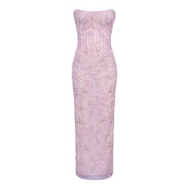 House of CB pink strapless maxi dress with floral lace embroidery and corset boning, floor-length silhouette