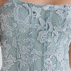 House of CB jade floral embroidered mesh top with pearl bead detailing, close-up showing intricate botanical pattern