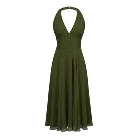 House of CB olive halterneck midi dress with deep V-neckline, button detail, and flared chiffon skirt