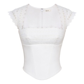 House of CB white fitted top with lace cap sleeves, smocked bust panel, and zip back detail