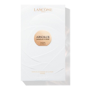 Lanc&ocirc;me Hidden By A Rose Eau De Parfum gift box with Absolue branding, incense and vanilla fragrance notes, white packaging with gold detail