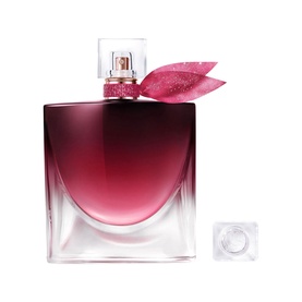 Lanc&ocirc;me Eau de Parfum in deep berry-red square bottle with pink glittered bow detail and clear cap alongside