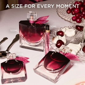 Lanc&ocirc;me La Vie Est Belle Intens&eacute;ment EDP collection in four sizes: 10ml, 30ml, 50ml and 100ml, with deep berry-red flacons and pink ribbon
