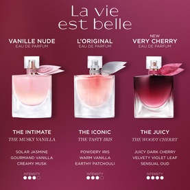 Lanc&ocirc;me La Vie Est Belle fragrance range showing three Eau de Parfum bottles: Vanille Nude, L'Original and Very Cherry