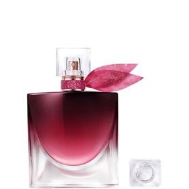Lanc&ocirc;me La Vie Est Belle Intens&eacute;ment EDP in deep burgundy glass bottle with pink glitter ribbon cap and clear lid