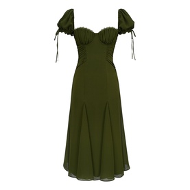 House of CB olive midi dress with sweetheart neckline, puff sleeves with tie detail, and flared skirt