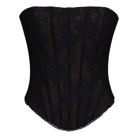 House of CB black lace strapless corset top with boned structure and scalloped hem detail