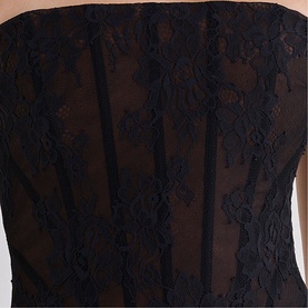 House of CB black lace corset top, close-up showing floral lace overlay and boned vertical panel detailing