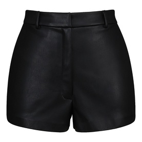 House of CB black faux leather high-waist shorts with belt loops and zip fly, structured silhouette