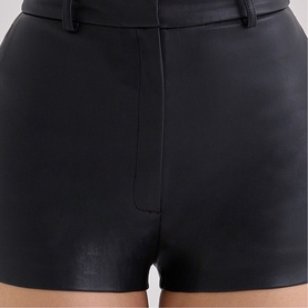 House of CB black faux leather high-waist mini shorts with tailored waistband and clean seam detailing