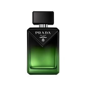 Prada Parfum in deep green glass bottle with black cap and silver detailing, triangular brand logo to front