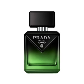 Prada Paradoxe Intense Parfum in deep green bottle with black cap and triangular logo detail