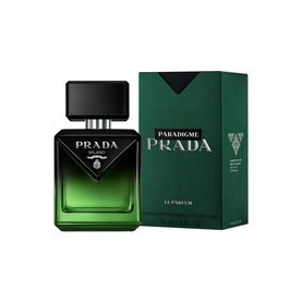 Prada Paradigme Le Parfum bottle in deep green and black with matching green rectangular box