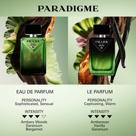 Prada Paradigne Eau de Parfum and Le Parfum bottles in deep green, shown side by side with fragrance notes and personality descriptors