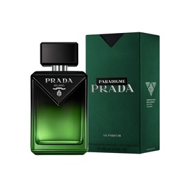Prada Paradigme Le Parfum in dark green glass bottle with black cap, shown alongside matching dark green gift box