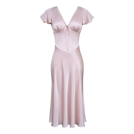 House of CB pink satin midi dress with flutter cap sleeves, deep V-neckline, ruched bust detail, and flared skirt