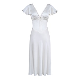 House of CB ivory midi dress with flutter sleeves, deep V-neckline, tie-front detail, and flared skirt