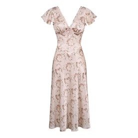 House of CB Vintage Rose Floral midi dress with flutter sleeves, V-neckline, ruched bust detail and flared skirt