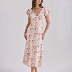 Model wearing House of CB Vintage Rose Floral midi dress with V-neckline, flutter sleeves, and corseted bodice detail
