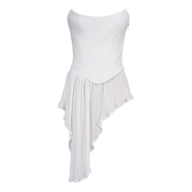 House of CB white strapless asymmetric mini dress with pleated skirt and ruched bodice detail
