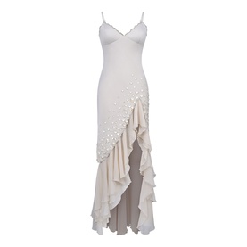 House of CB almond maxi slip dress with pearl embellishments, spaghetti straps, and tiered ruffle skirt detail