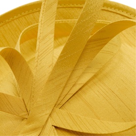 Phase Eight yellow fascinator with structured satin ribbon loops and pillbox base, close-up detail shot